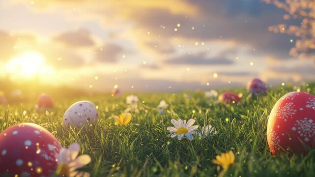 Easter eggs in grass, happy easter day.