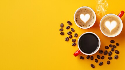 Obraz premium Two Coffee Mugs with Heart-Shaped Steamed Foam and Coffee Beans on Bright Yellow Background