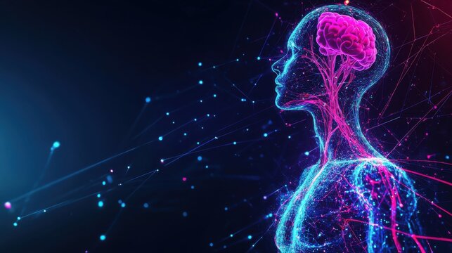 An abstract depiction of the human lymphatic system with glowing lymph nodes and fluid dynamics against a dark, neon background, Futuristic style