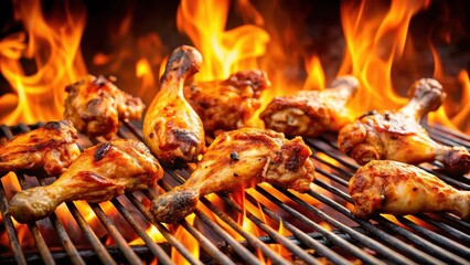 Sizzling chicken legs and wings on a grill with flames dancing in the background , flame grilled meat, chicken wings