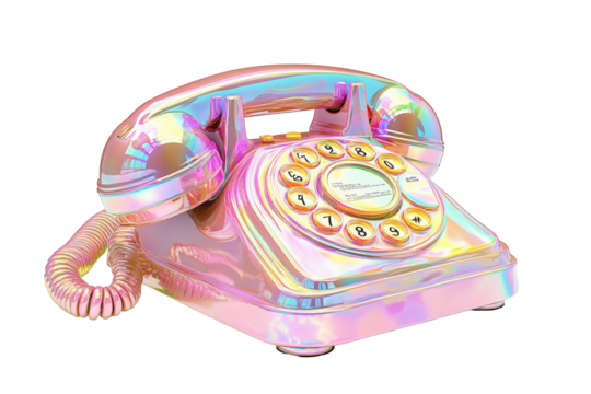 Isolated Holographic Retro Rotary Dial Phone in Pink