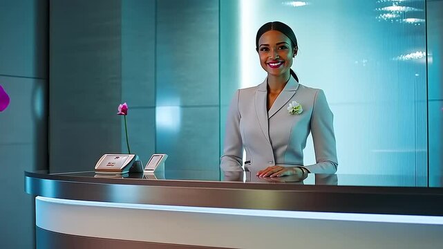 Professional receptionist smiling warmly at a modern front desk with elegant decor and flowers
