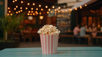 Popcorn bucket on outdoor table with warm bokeh lights.