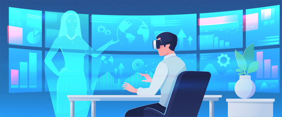 Man wearing VR headset interacting with holographic data, futuristic interface background, modern workspace concept. Vector illustration