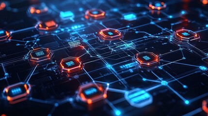 Futuristic data hub with blockchain nodes, displaying codes and encryption in dark space