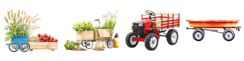 Cute farm and clipart concept. Colorful illustrations of tractors and carts transporting fruits and vegetables. on Transparent background.