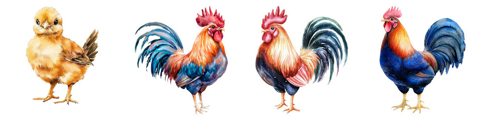 Cute farm and clipart concept. Chickens in various stages of growth against a black background. on Transparent background.