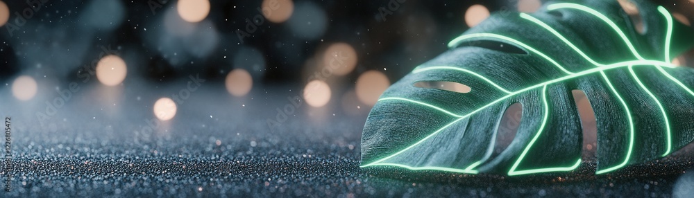Poster soft green light illuminates a large monstera leaf resting on a textured surface, creating a tranqui