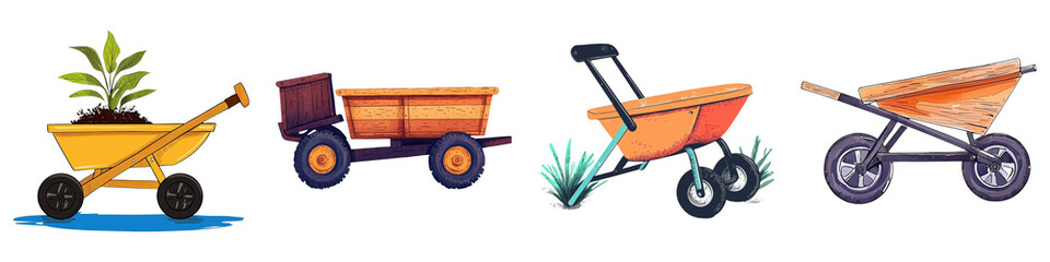 Obraz premium Cute farm and clipart concept. Four colorful wheelbarrows with plants and logs, set against a white background. on Transparent background.