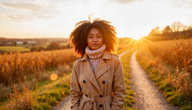 Young Black woman walking in winter countryside at sunset, tranquility