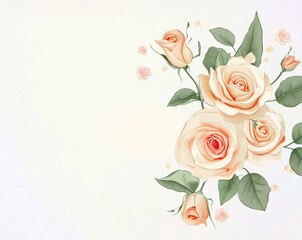 Naklejka premium Pastel Roses Corner Design: Delicate peach and cream roses arranged in a corner composition, creating an elegant and romantic floral design perfect for invitations, cards, or wallpapers.