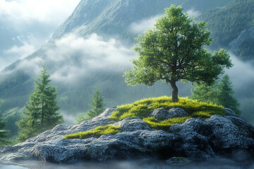 Solitary Tree on Rocky Outcrop Amidst Misty Mountains