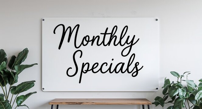 monthly specials cursive word written on whiteboard minimalist concept