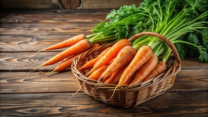 Freshly harvested carrots with green tops in a basket on a rustic wooden table , harvest, greens,  harvest, greens, organic