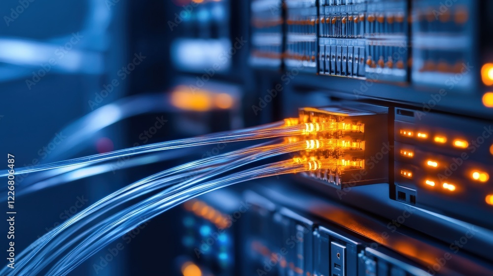 Poster close-up of brightly lit data cables in server room setup