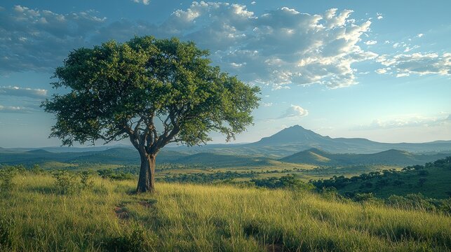 Tree on grassy hill with mountain backdrop and clouded sky.