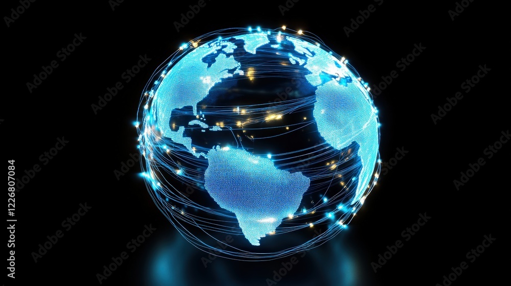 Poster digital globe with network connections and light trails in dark background