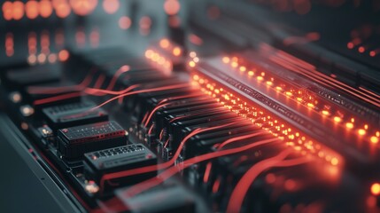 Fototapeta premium Intricate Close-Up of Modern Server Equipment with Illuminated Cables