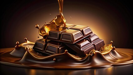 Rich, velvety melted chocolate flows from a broken golden mold , rich, dark chocolate,  rich, dark chocolate