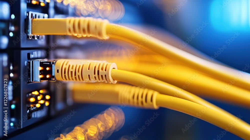 Poster close-up of yellow network cables connected to network switch