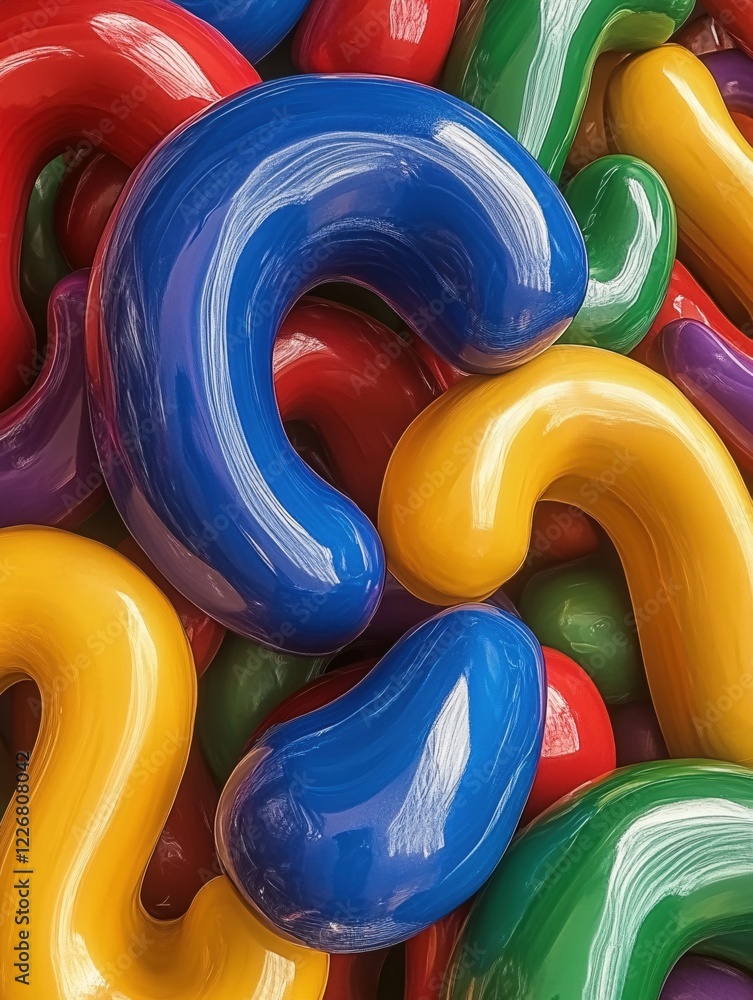 Poster vibrant abstract composition of glossy curved forms in primary and secondary colors