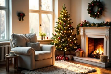 Cozy winter evening scene featuring a decorated Christmas tree and a comfortable armchair near a fireplace