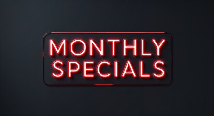 Obraz premium monthly specials word lettering with neon blue glow on plain black dark background