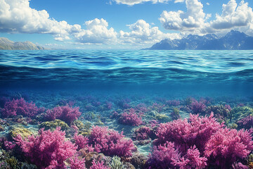 Vibrant Coral Reef Underneath a Sunny Ocean and Mountains