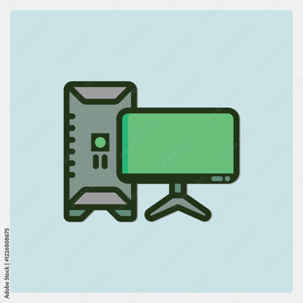 Poster illustration of a desktop computer with a tower and a monitor on light blue background