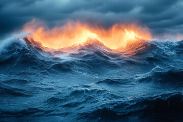 Fototapeta premium Fiery Sunset Illuminates Turbulent Ocean Waves