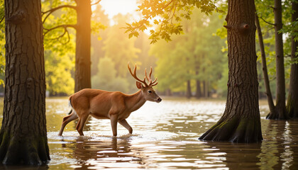 Wild deer navigating flooded forest at sunrise, nature's resilience