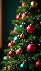 Evergreen tree covered with colorful ornaments and tinsel, holiday decorations, decorated tree, holiday season