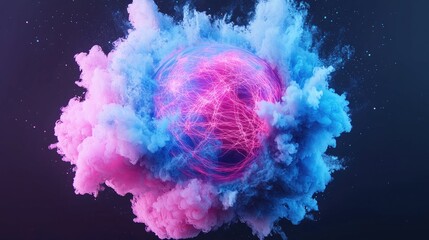 Energetic sphere in pink and blue cloud, abstract background, digital art, website header