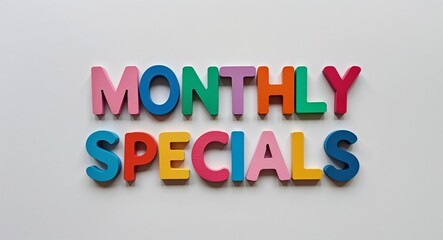 monthly specials word made of colorful wooden letters on plain white background