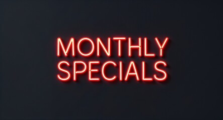 monthly specials word lettering with neon blue glow on plain black dark background