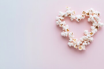 A heart shape intricately formed with white popcorn contrasts beautifully against a soft pink background, embodying a playful vibe for snack enthusiasts