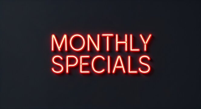 monthly specials word lettering with neon blue glow on plain black dark background