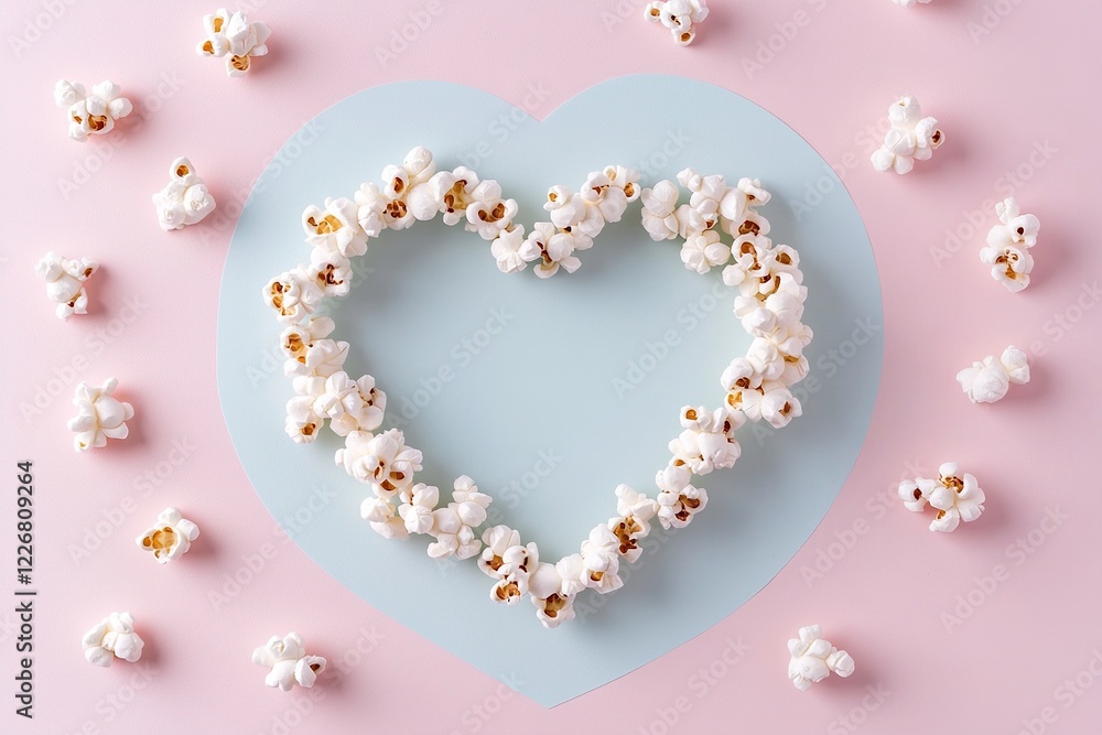 Poster popcorn is creatively arranged to form a heart shape on a soft pastel background. the minimalist com