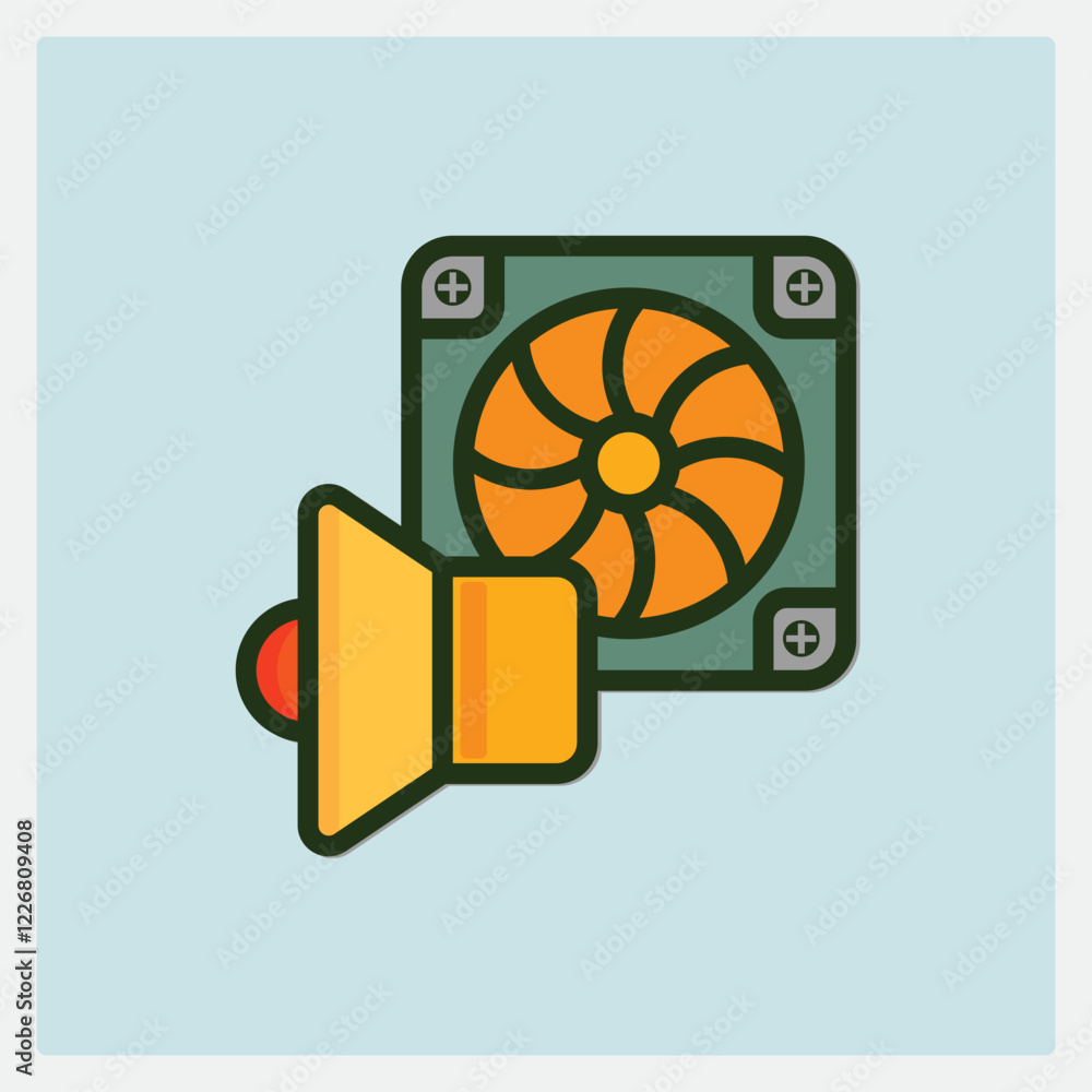 Poster flat style icon of a computer fan with a speaker on a light blue background