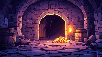 Medieval castle dungeon with stone walls, grid gates entrance, torch flare and pile of treasure on floor. Cartoon game vector ancient palace building interior with wood chest and barrel, gold and gems