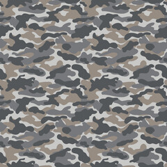 Seamless camouflage pattern featuring a mix of grey, black, white, and brown colors, ideal for military, hunting, and outdoor designs, providing a tactical and stylish look