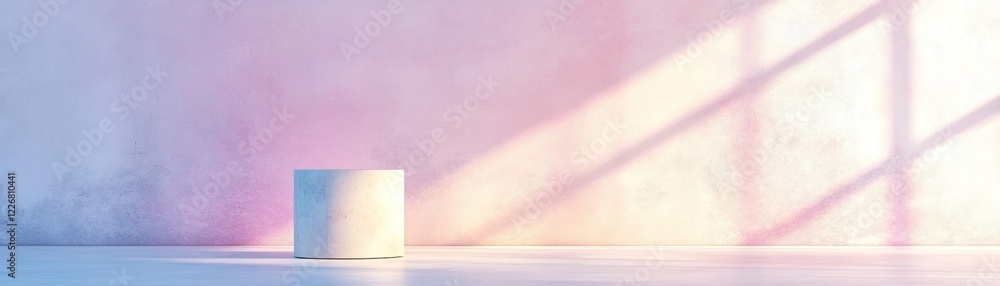Poster a cylindrical object rests on a minimalist concrete floor, softly illuminated by light that creates 