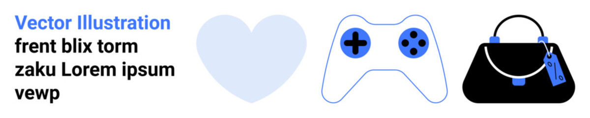 Heart shape, game controller with buttons, and elegant handbag. Ideal for gaming, e-commerce, fashion, love, retail, leisure lifestyle and flat landing page banner