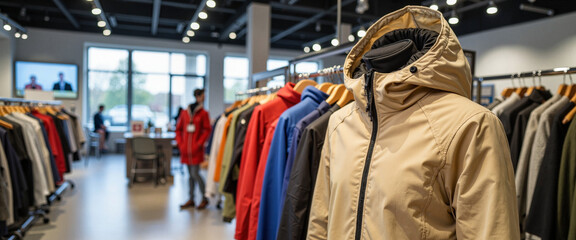 Naklejka premium Stylish light gravel jacket showcased in modern showroom, fashion display