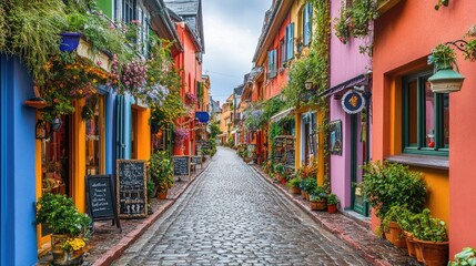Fototapeta premium A cobblestone road cutting through a European-style marketplace with historic charm