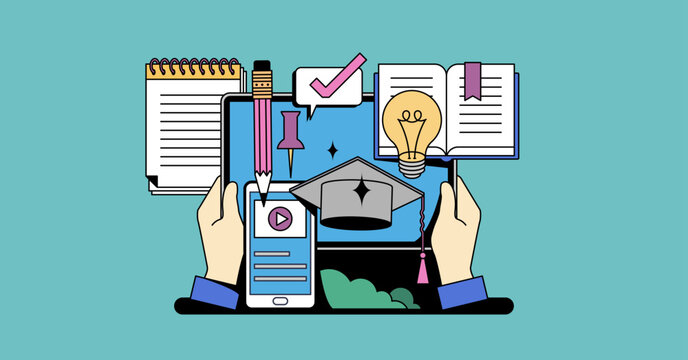 Digital learning features hands holding devices, books, and a graduation cap, symbolizing modern education. Neubrutalism hands concept