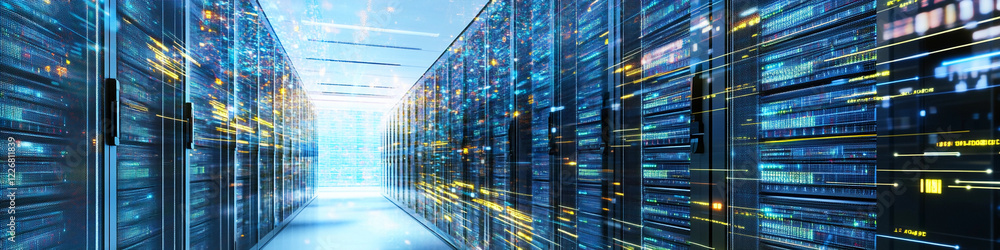 Poster modern data center filled with high-tech servers