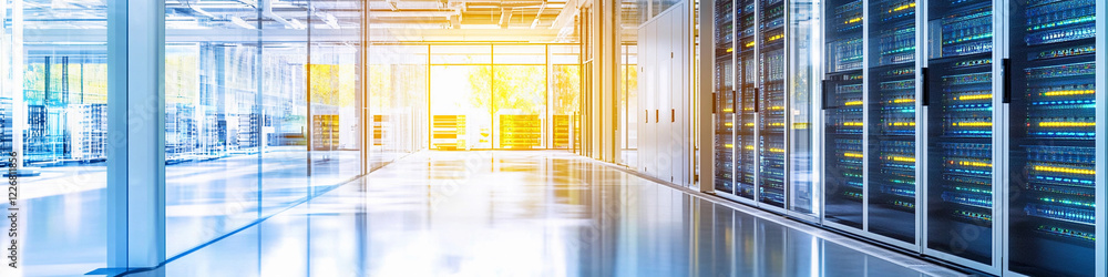 Poster Modern data center with rows of servers and bright lighting
