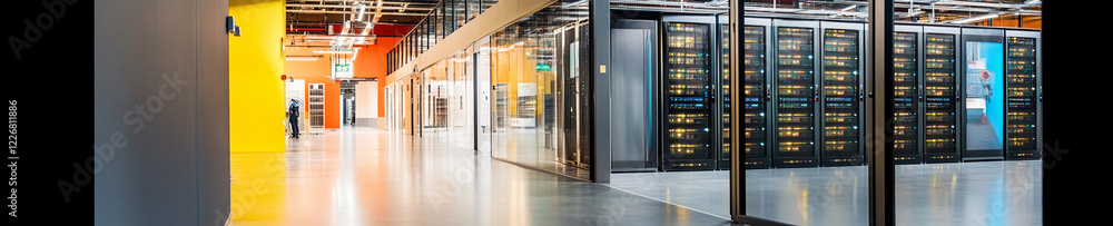 Poster Modern data center with rows of servers and bright colors