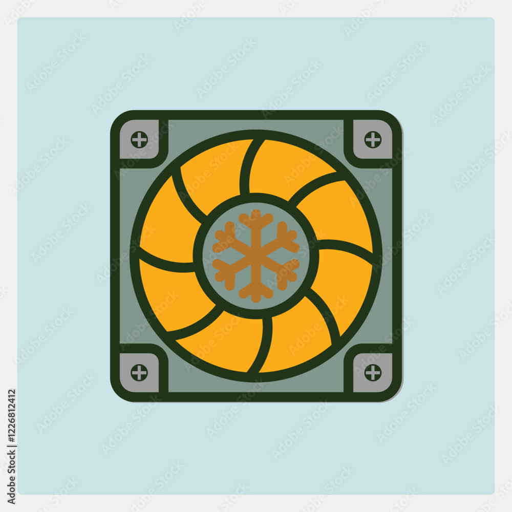 Poster cooling fan icon with a snowflake symbol inside its center, flat vector design for cooling purpose 1